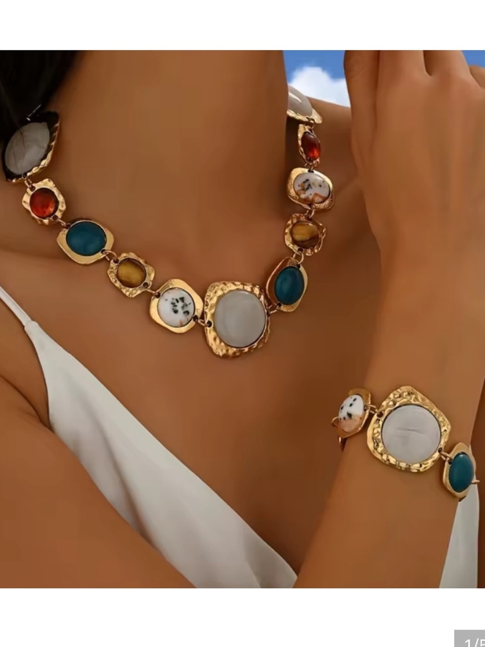 Gold Mosaic Multicolor Stone Necklace & Bracelet Set